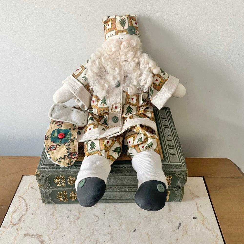 Vintage Cloth Santa Holding Stocking Folk Art Rustic Stuffed Decor Christmas